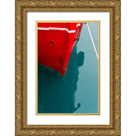Red boat on the ocean-Narsarsuaq-Greenland Gold Ornate Wood Framed Art Print with Double Matting by Su, Keren
