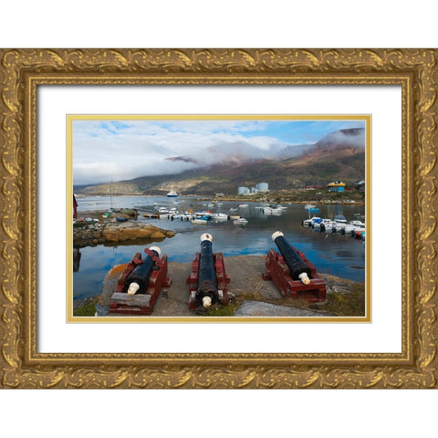 Cannon artillery overlooking the harbor-Qeqertarsuaq-Greenland Gold Ornate Wood Framed Art Print with Double Matting by Su, Keren