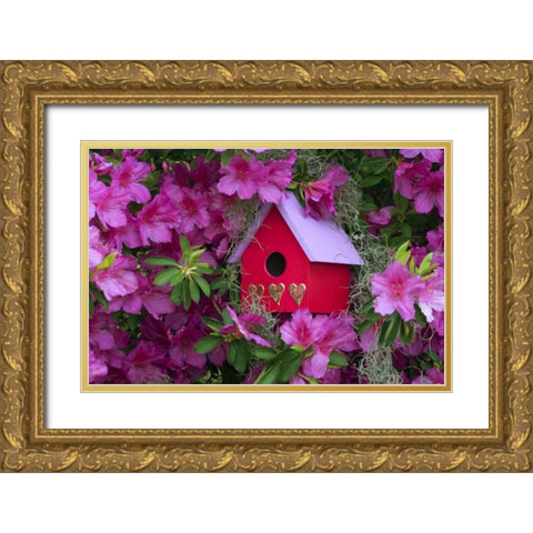 Birdhouse and Azaleas in Garden Gold Ornate Wood Framed Art Print with Double Matting by Rotenberg, Nancy