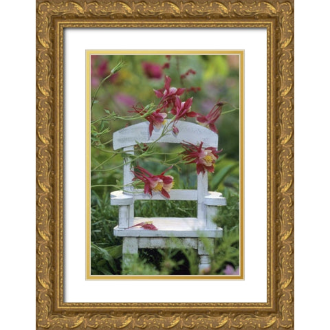 Columbine and chair in garden Gold Ornate Wood Framed Art Print with Double Matting by Rotenberg, Nancy