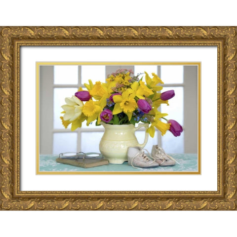 Spring flower bouquet in vase Gold Ornate Wood Framed Art Print with Double Matting by Paulson, Don