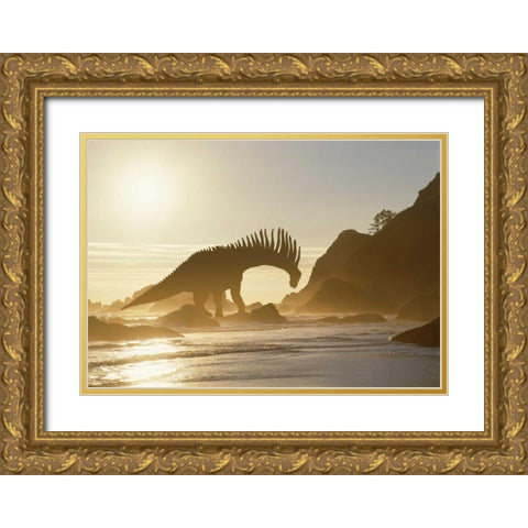 Concept of Amargasaurus dinosaur on ocean shore Gold Ornate Wood Framed Art Print with Double Matting by Zuckerman, Jim
