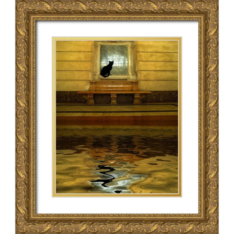 Concept of black cat and water Gold Ornate Wood Framed Art Print with Double Matting by Zuckerman, Jim