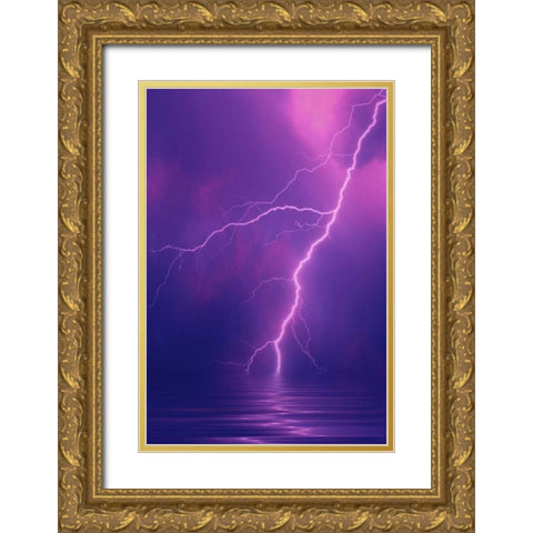 Lightning bolts over water Gold Ornate Wood Framed Art Print with Double Matting by Satushek, Steve