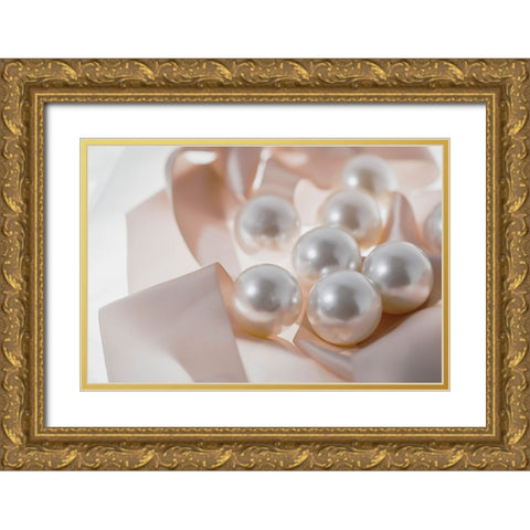 Pearls and ribbons Gold Ornate Wood Framed Art Print with Double Matting by Muench, Zandria