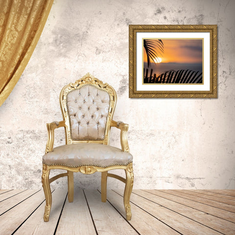 Fiji-Vanua Levu Palm fronds silhouetted in sunset over the ocean Gold Ornate Wood Framed Art Print with Double Matting by Merrill Images