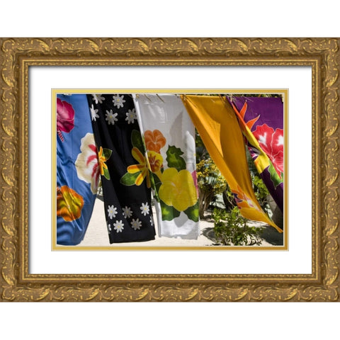 French Polynesia,Tahaa Pareos blows in the wind Gold Ornate Wood Framed Art Print with Double Matting by Kaveney, Wendy
