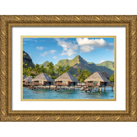 French Polynesia- Moorea. Overwater bungalows. Gold Ornate Wood Framed Art Print with Double Matting by Jaynes Gallery