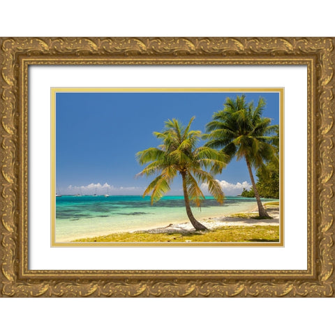French Polynesia- Moorea. Landscape with moored boats and shore. Gold Ornate Wood Framed Art Print with Double Matting by Jaynes Gallery