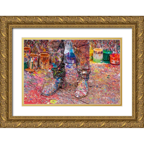 Argentina- Buenos Aires. Colorful paint spatters on artists boots. Gold Ornate Wood Framed Art Print with Double Matting by Haseltine, Tom