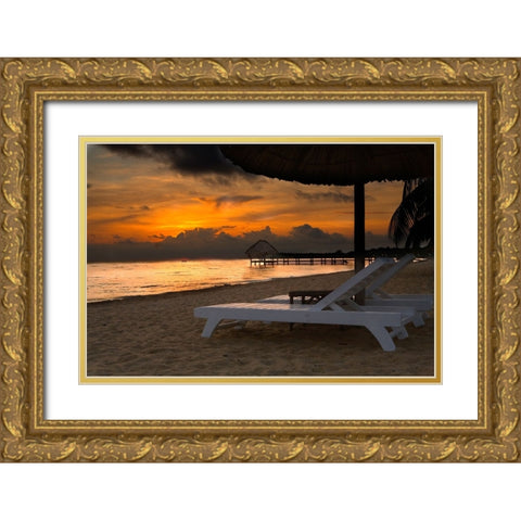 Belize-Sunrise over the Caribbean Ocean Gold Ornate Wood Framed Art Print with Double Matting by Norring, Tom