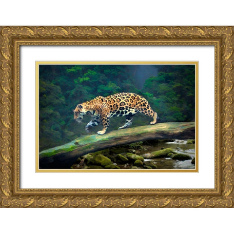 Brazil-Pantanal Abstract of jaguar walking on log Gold Ornate Wood Framed Art Print with Double Matting by Jaynes Gallery