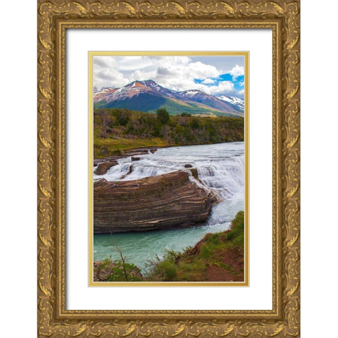 Located with Parc Nacional Torres del Paine-this lake has a runoff through rocks creating rapids Gold Ornate Wood Framed Art Print with Double Matting by Ostrowitz, Mallorie