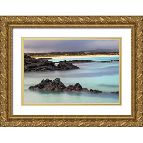 Lava rocks along tranquil shoreline of San Cristobal Island-Galapagos-Ecuador Gold Ornate Wood Framed Art Print with Double Matting by Jones, Adam