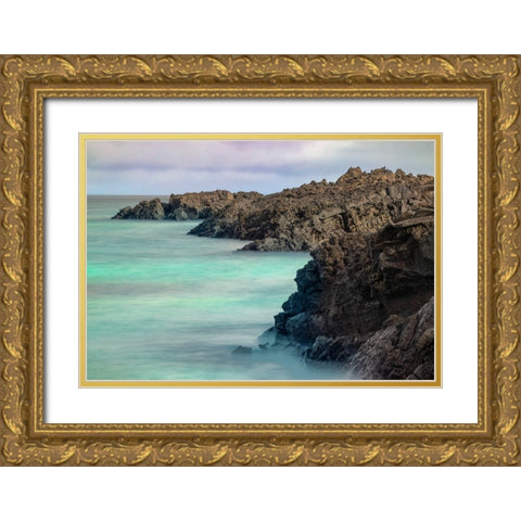 Lava rocks along tranquil shoreline of San Cristobal Island-Galapagos-Ecuador Gold Ornate Wood Framed Art Print with Double Matting by Jones, Adam