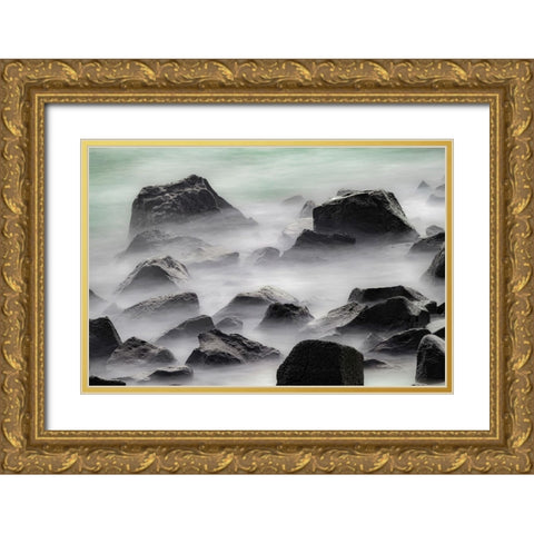 Waves crashing over lava rocks on shoreline of Espanola Island-Galapagos Islands-Ecuador Gold Ornate Wood Framed Art Print with Double Matting by Jones, Adam