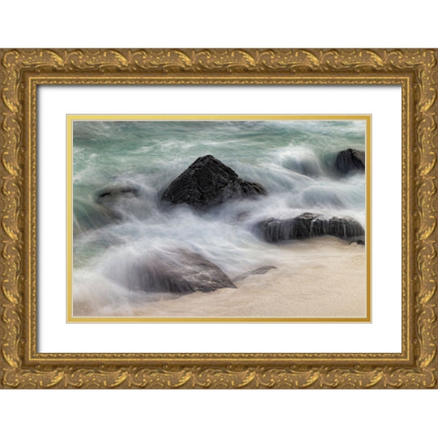 Waves crashing over lava rocks on shoreline of Espanola Island-Galapagos Islands-Ecuador Gold Ornate Wood Framed Art Print with Double Matting by Jones, Adam