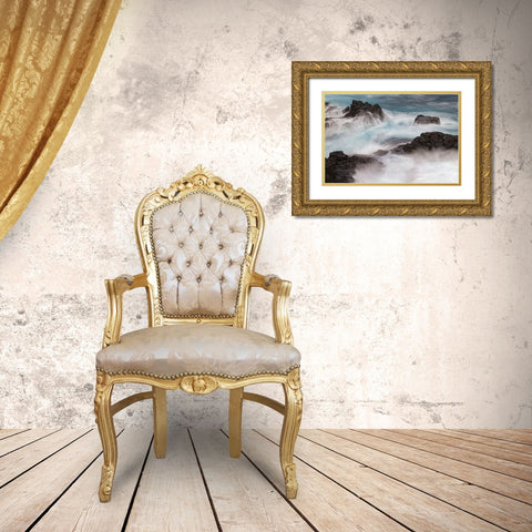 Waves crashing over lava rocks on shoreline of Espanola Island-Galapagos Islands-Ecuador Gold Ornate Wood Framed Art Print with Double Matting by Jones, Adam