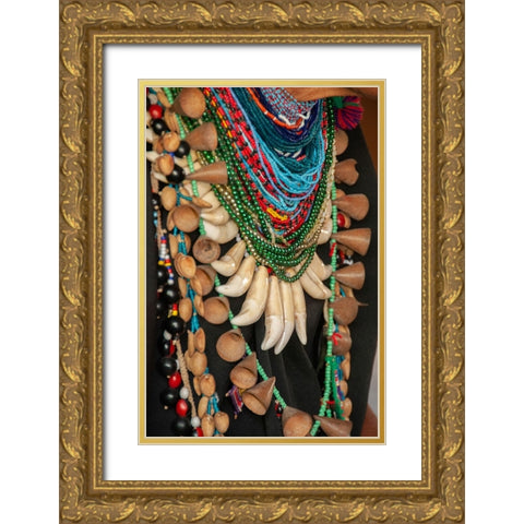 The elaborate regalia of a shaman in the Amazon jungle features jaguar teeth and beads. Gold Ornate Wood Framed Art Print with Double Matting by Sederquist, Betty