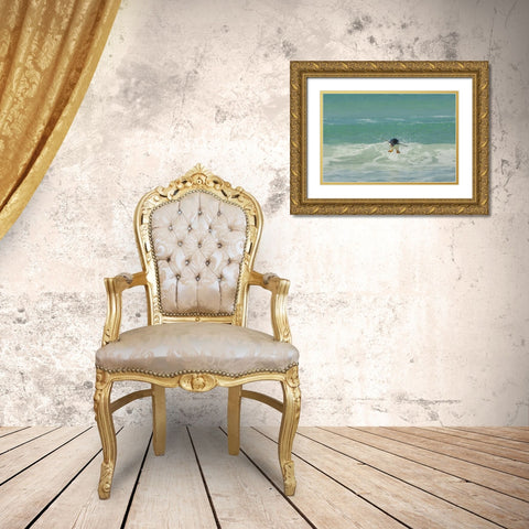 East Falkland Gentoo penguin leaping in surf Gold Ornate Wood Framed Art Print with Double Matting by Illg, Cathy and Gordon