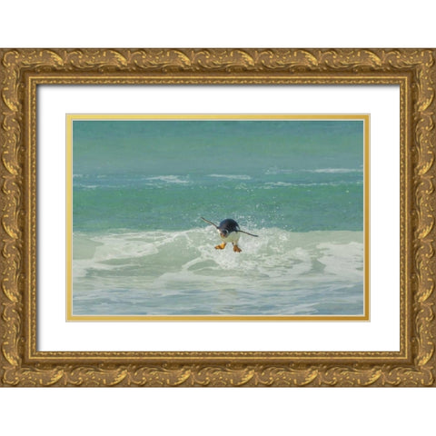 East Falkland Gentoo penguin leaping in surf Gold Ornate Wood Framed Art Print with Double Matting by Illg, Cathy and Gordon