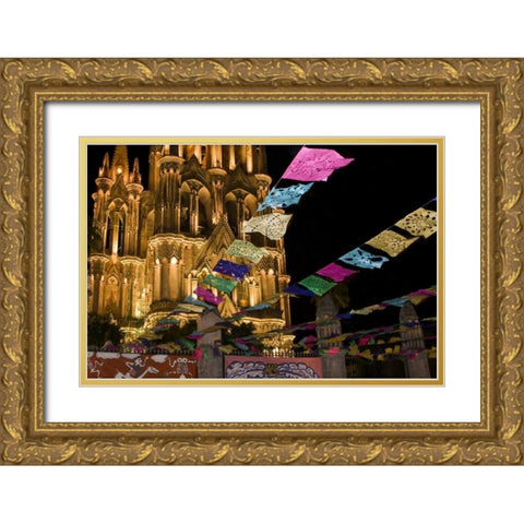Mexico Festival banners in front of a church Gold Ornate Wood Framed Art Print with Double Matting by Young, Bill