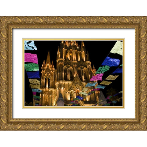 Mexico Festival banners in front of a church Gold Ornate Wood Framed Art Print with Double Matting by Young, Bill