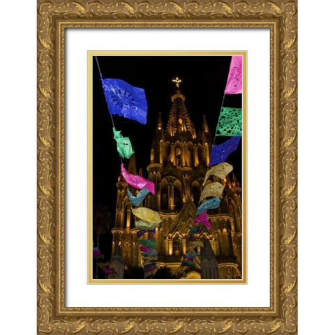 Mexico Festival banners in front of a church Gold Ornate Wood Framed Art Print with Double Matting by Young, Bill