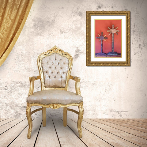 Mexico Two wooden crosses against red wall Gold Ornate Wood Framed Art Print with Double Matting by Young, Bill