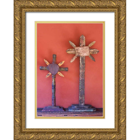 Mexico Two wooden crosses against red wall Gold Ornate Wood Framed Art Print with Double Matting by Young, Bill