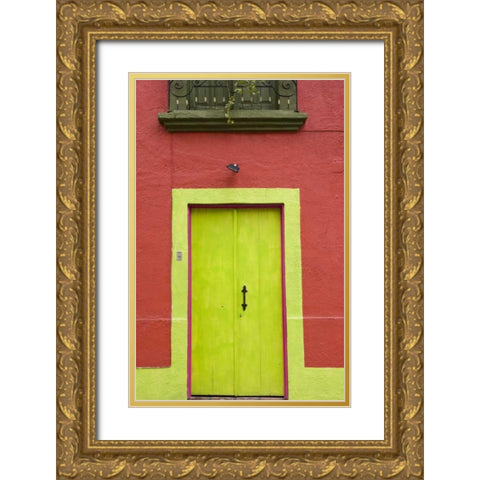 Mexico, Tlaquepaque Wall with lime green door Gold Ornate Wood Framed Art Print with Double Matting by Young, Bill