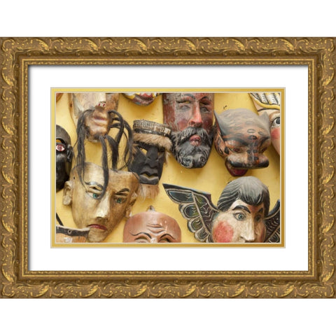 Mexico Masks on display in shop Gold Ornate Wood Framed Art Print with Double Matting by Paulson, Don
