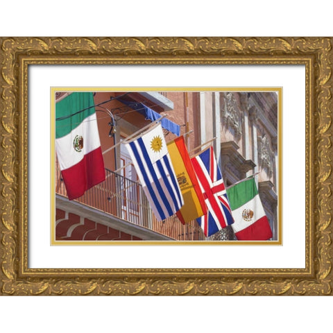 Mexico, Guanajuato Flags displayed from balcony Gold Ornate Wood Framed Art Print with Double Matting by Paulson, Don