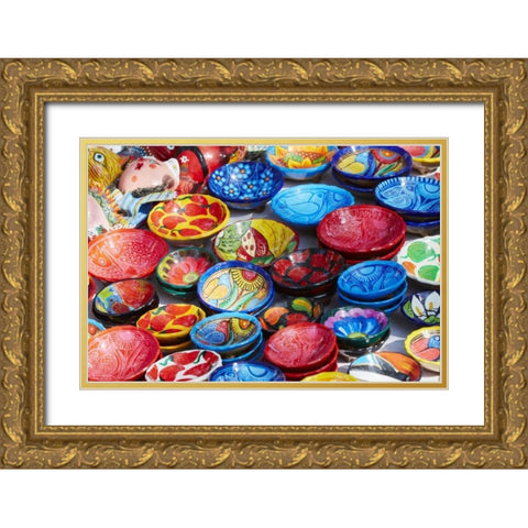 Mexico, Jalisco Bowls for sale in street market Gold Ornate Wood Framed Art Print with Double Matting by Ross, Steve