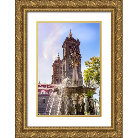 Sun Rays Zocalo Park Plaza San Miguel Archangel Fountain Cathedral Puebla-Mexico  Gold Ornate Wood Framed Art Print with Double Matting by Perry, William