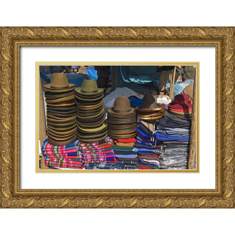 Peru, Pisac, Hats and clothes for sale at market Gold Ornate Wood Framed Art Print with Double Matting by Kirkland, Dennis