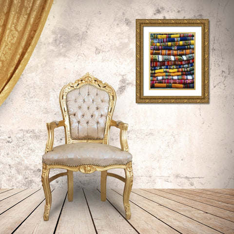 Peru Stack of blankets for sale in market Gold Ornate Wood Framed Art Print with Double Matting by Zuckerman, Jim