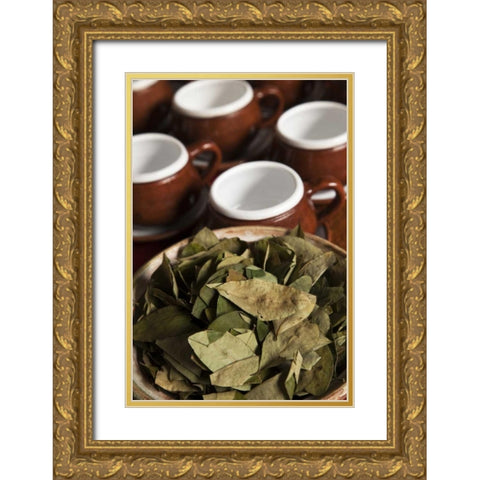 Peru, Cuzco Bowl of coca leaves and tea cups Gold Ornate Wood Framed Art Print with Double Matting by Kaveney, Wendy