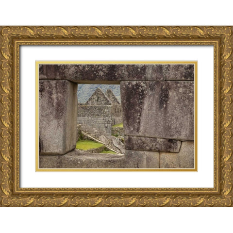 Peru, Machu PicchuHouse framed by a stone window Gold Ornate Wood Framed Art Print with Double Matting by Kaveney, Wendy