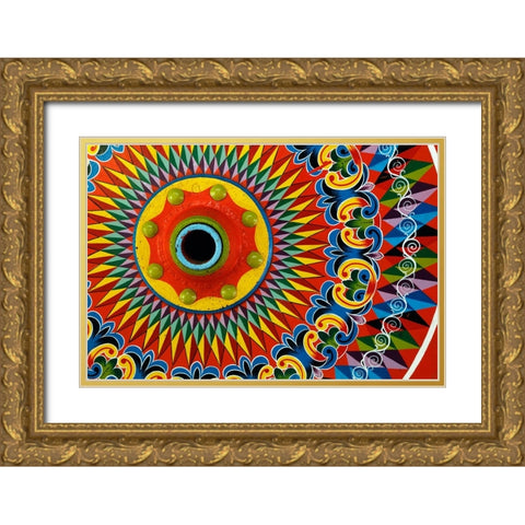 Colorfully painted wagon wheel-Costa Rica Gold Ornate Wood Framed Art Print with Double Matting by Jones, Adam