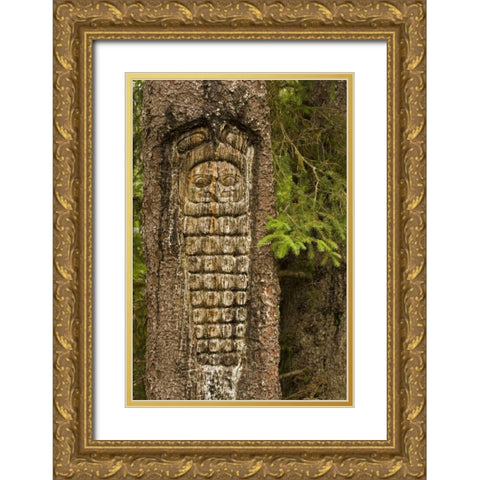 AK, Glacier Bay NP Tree carving of totem Gold Ornate Wood Framed Art Print with Double Matting by Paulson, Don
