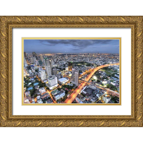 Thailand, Bangkok Overview of city at dusk Gold Ornate Wood Framed Art Print with Double Matting by Shimlock, Jones