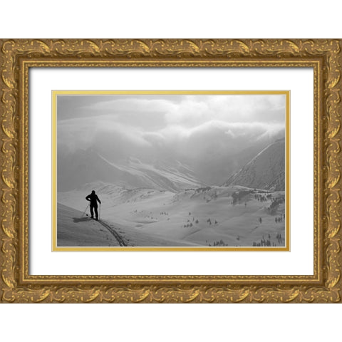 Backcountry Skier Standing On A Ridge In Turnagain Pass, Southcentral, Alaska (Mr) Gold Ornate Wood Framed Art Print with Double Matting by Design Pics