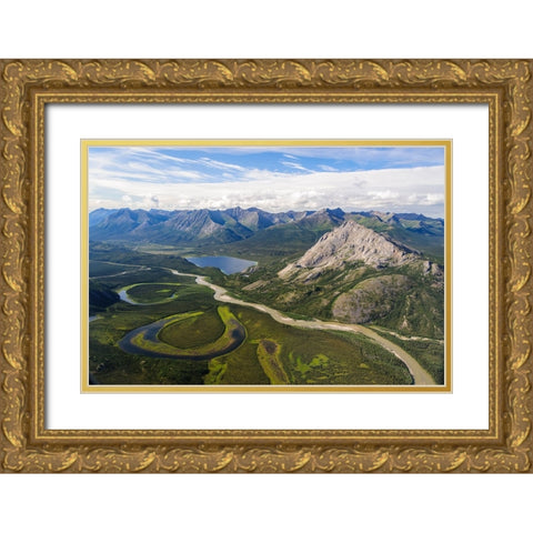 USA- Alaska- Gates of the Arctic National Park. Aerial view of the Alatna River. Gold Ornate Wood Framed Art Print with Double Matting by Norrsell, Fredrik