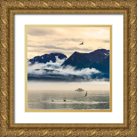 Fishing boat in Kenai Peninsula surrounded by mountains and wildlife Gold Ornate Wood Framed Art Print with Double Matting by Muir, Janet