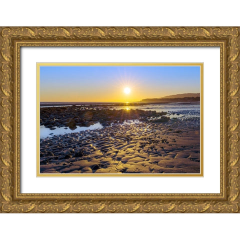Alaska- Homer Spit. A sunset landscape over tide pools. Gold Ornate Wood Framed Art Print with Double Matting by Muir, Janet