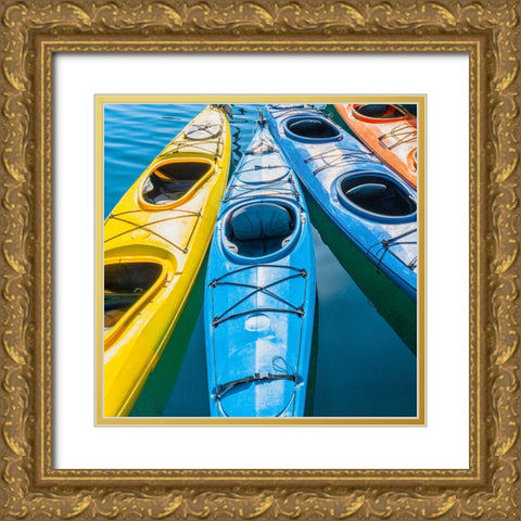 Four colorful kayaks positioned in an array. Gold Ornate Wood Framed Art Print with Double Matting by Muir, Janet