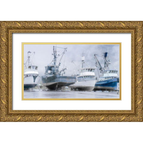 Alaska- Valdez. Fishing boats on dry dock. Artistic rendering. Gold Ornate Wood Framed Art Print with Double Matting by Muir, Janet