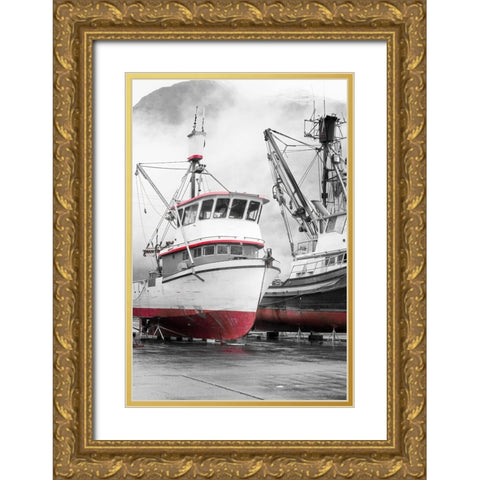 Alaska- Valdez. Fishing boats on dry dock. Artistic rendering. Gold Ornate Wood Framed Art Print with Double Matting by Muir, Janet