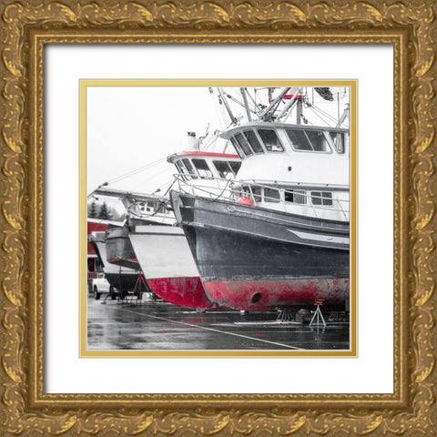 Alaska- Valdez. Fishing boats on dry dock. Artistic rendering. Gold Ornate Wood Framed Art Print with Double Matting by Muir, Janet